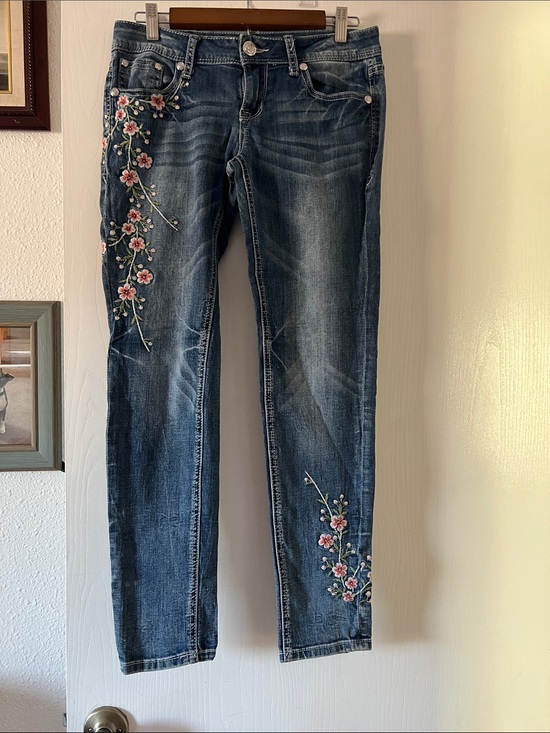 Grace Denim - Grace Dark Blue Skinny Jeans with Pink Floral Embroidery